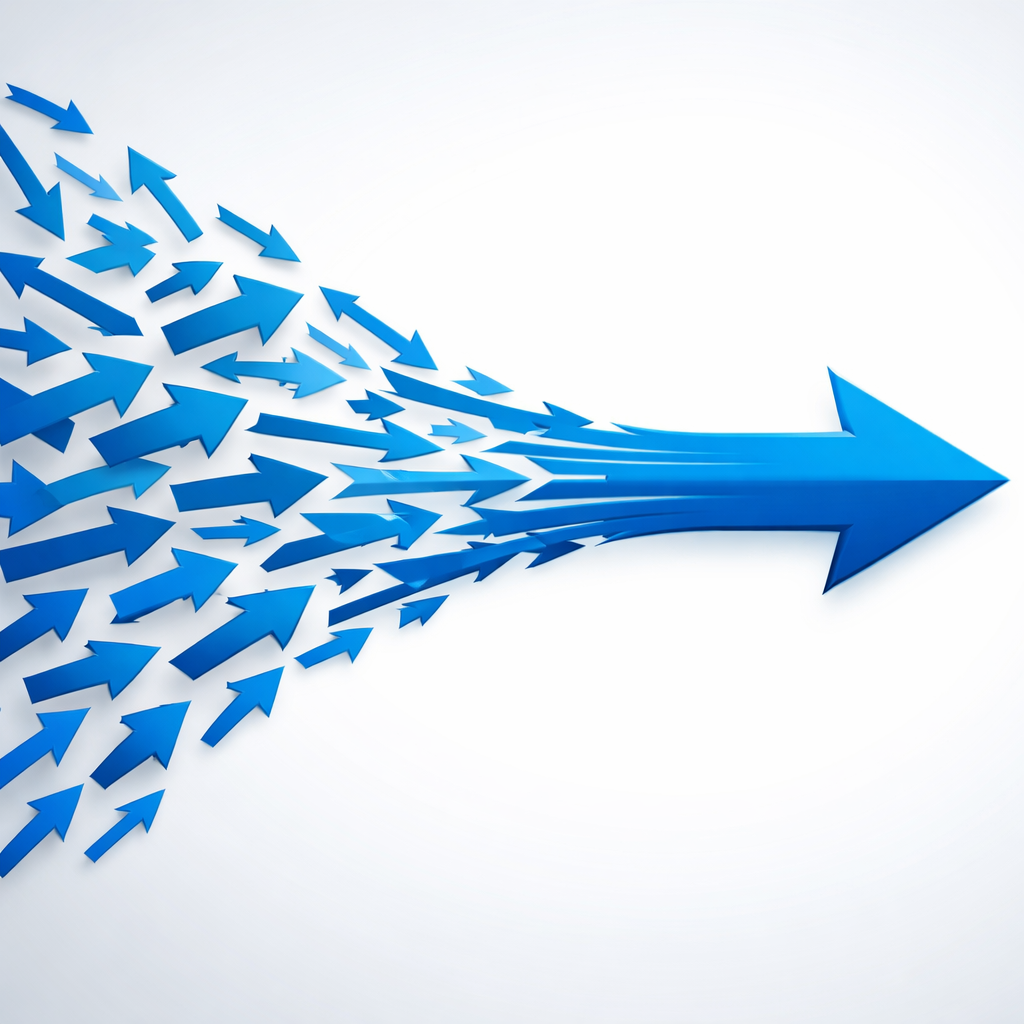 Several blue arrows converging into one large right-pointing arrow