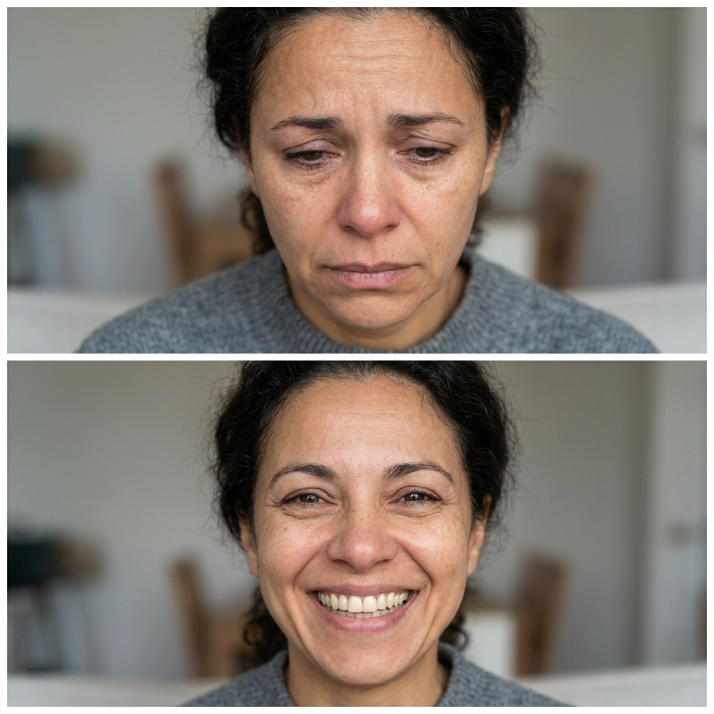 Six-panel portrait showing a woman expressing sadness, concern, anger, surprise, contentment, and joy