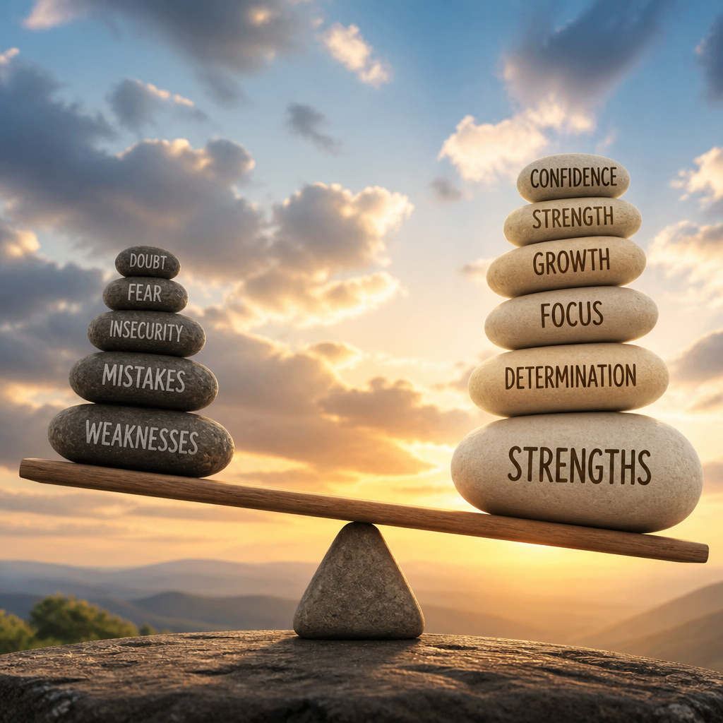 Balanced stones labeled weaknesses, mistakes, insecurity, fear, doubt, and strengths, determination, focus, growth, strength, confidence